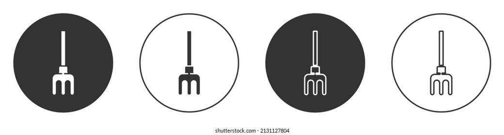 Black Garden rake icon isolated on white background. Tool for horticulture, agriculture, farming. Ground cultivator. Circle button. Vector Illustration