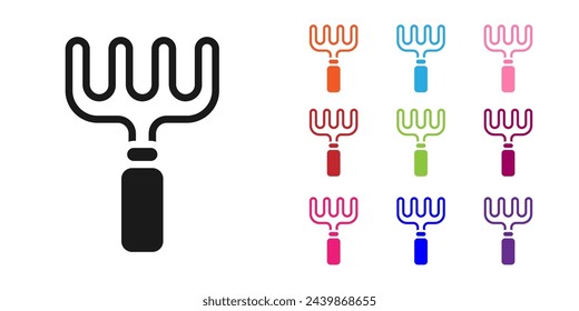 Black Garden rake icon isolated on white background. Tool for horticulture, agriculture, farming. Ground cultivator. Housekeeping equipment. Set icons colorful. Vector