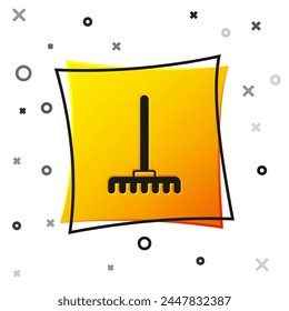 Black Garden rake icon isolated on white background. Tool for horticulture, agriculture, farming. Ground cultivator. Housekeeping equipment. Yellow square button. Vector