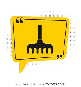 Black Garden rake icon isolated on white background. Tool for horticulture, agriculture, farming. Ground cultivator. Yellow speech bubble symbol. Vector Illustration