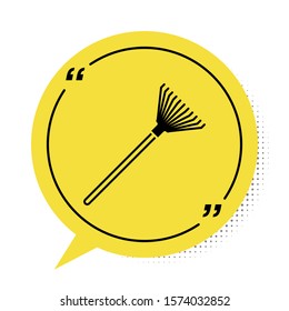 Black Garden rake for leaves icon isolated on white background. Tool for horticulture, agriculture, farming. Ground cultivator. Yellow speech bubble symbol. Vector Illustration