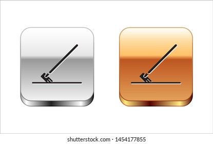 Black Garden rake in work icon isolated on white background. Tool for horticulture, agriculture, farming. Ground cultivator. Silver-gold square button. Vector Illustration
