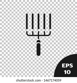 Black Garden rake in work icon isolated on transparent background. Tool for horticulture, agriculture, farming. Ground cultivator.  Vector Illustration