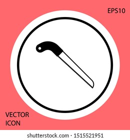 Black Garden saw icon isolated on red background. White circle button. Vector Illustration