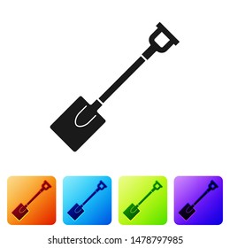 Black Garden shovel icon isolated on white background. Gardening tool. Tool for horticulture, agriculture, farming. Set icon in color square buttons. Vector Illustration