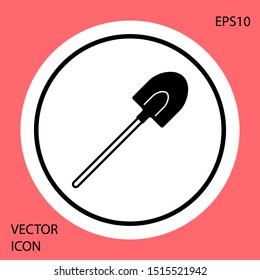 Black Garden shovel icon isolated on red background. Gardening tool. Tool for horticulture, agriculture, farming. White circle button. Vector Illustration