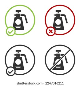 Black Garden sprayer for water, fertilizer, chemicals icon isolated on white background. Circle button. Vector Illustration