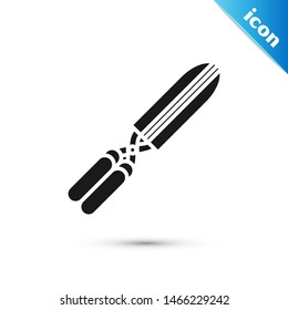 Black Gardening handmade scissors for trimming icon isolated on white background. Pruning shears with wooden handles.  Vector Illustration