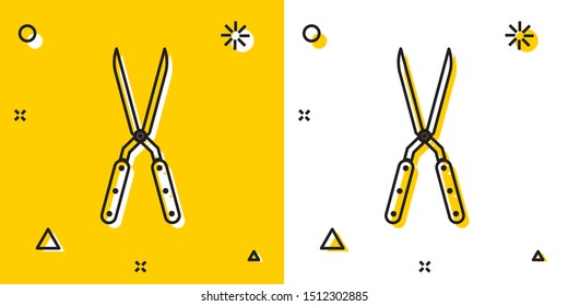 Black Gardening handmade scissors for trimming icon isolated on yellow and white background. Pruning shears with wooden handles. Random dynamic shapes. Vector Illustration