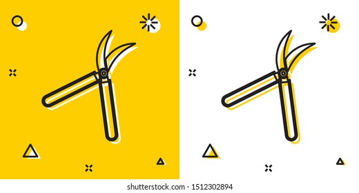 Black Gardening handmade scissors for trimming icon isolated on yellow and white background. Pruning shears with wooden handles. Random dynamic shapes. Vector Illustration