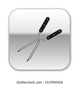Black Gardening handmade scissors for trimming icon isolated on white background. Pruning shears with wooden handles. Silver square button. Vector Illustration