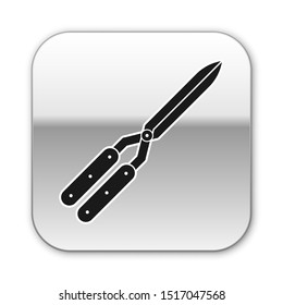 Black Gardening handmade scissors for trimming icon isolated on white background. Pruning shears with wooden handles. Silver square button. Vector Illustration