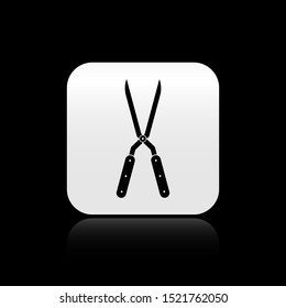 Black Gardening handmade scissors for trimming icon isolated on black background. Pruning shears with wooden handles. Silver square button. Vector Illustration