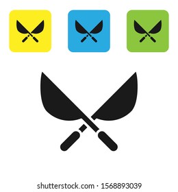 Black Gardening handmade scissors for trimming icon isolated on white background. Pruning shears with wooden handles. Set icons colorful square buttons. Vector Illustration