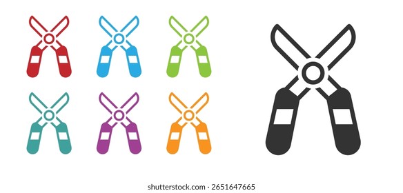 Black Gardening handmade scissors for trimming icon isolated on white background. Pruning shears with wooden handles. Set icons colorful. Vector