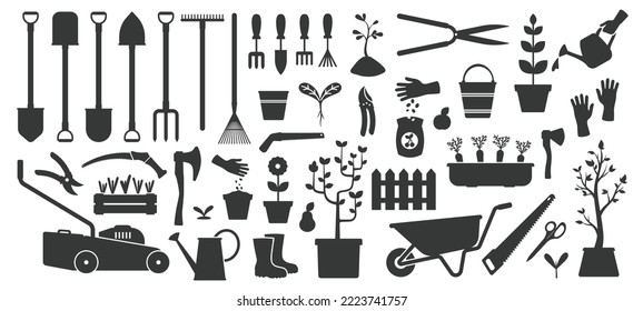 Black gardening tools. Flat garden instruments silhouettes, village agricultural equipment scissors axe shovel rake scoop pot. Vector simple set. Hand planting seeds to grow sapling