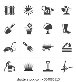Black Gardening tools and objects icons - vector icon set