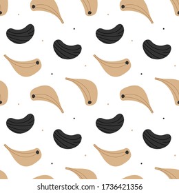 Black garlic, fermented garlic cloves and dots vector seamless pattern background.