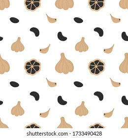 Black garlic, fermented garlic superfood vector seamless pattern background.