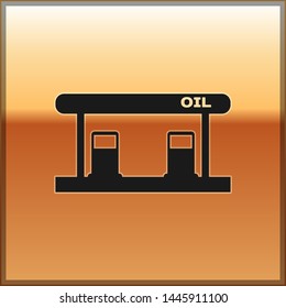 Black Gas filling station icon isolated on gold background. Transport related service building Gasoline and oil station.  Vector Illustration