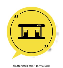 Black Gas filling station icon isolated on white background. Transport related service building Gasoline and oil station. Yellow speech bubble symbol. Vector Illustration