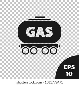 Black Gas railway cistern icon isolated on transparent background. Train gasoline tank on railway car. Rail freight.  Vector Illustration