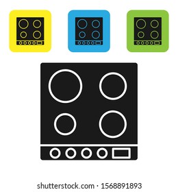 Black Gas stove icon isolated on white background. Cooktop sign. Hob with four circle burners. Set icons colorful square buttons. Vector Illustration