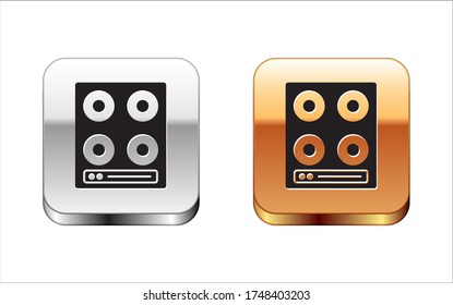 Black Gas stove icon isolated on white background. Cooktop sign. Hob with four circle burners. Silver-gold square button. Vector