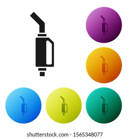 Black Gasoline pump nozzle icon isolated on white background. Fuel pump petrol station. Refuel service sign. Gas station icon. Set icons colorful circle buttons. Vector Illustration