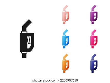 Black Gasoline pump nozzle icon isolated on white background. Fuel pump petrol station. Refuel service sign. Gas station icon. Set icons colorful. Vector