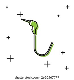 Ícone preto do bocal da bomba de gasolina isolado no fundo branco. Posto de gasolina com bomba de combustível. Sinal de serviço de reabastecimento. Ícone do posto de gasolina.  Ilustração de vetor