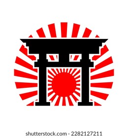 Black gate torii shrine with red circle sun sunshine light rays japaness style icon flat vector design