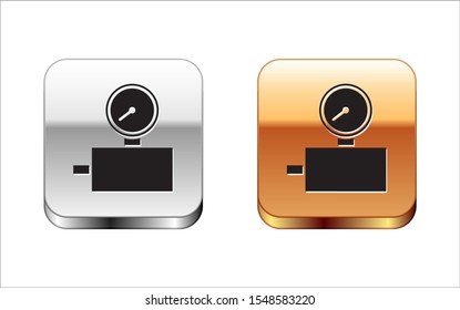 Black Gauge scale icon isolated on white background. Satisfaction, temperature, manometer, risk, rating, performance, speed tachometer. Silver-gold square button. Vector Illustration