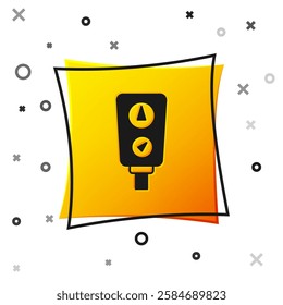 Black Gauge scale icon isolated on white background. Satisfaction, temperature, manometer, risk, rating, performance, speed tachometer. Yellow square button. Vector