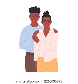 Black Gay Couple Hugging And Smiling. Sweetheart Couple Together. LGBT Family, LGBT Pride. Homosexual Man Couple. Hand Drawn Vector Illustration