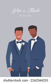 Black Gay Couple In Navy Blue Groom Suits Happily Stands Beside Each Other For Their Wedding Ceremony Invitation Card Vector Characters On Gray Background