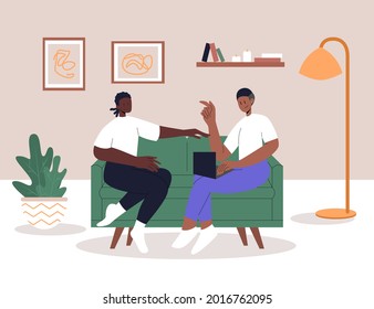 Black gay couple relaxing on comfy sofa in living room. Spending time together in apartment. Man with laptop. People sitting on couch. Post-quarantine lifestyle. Eps 10.