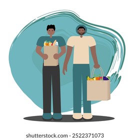 Black gay couple shopping for groceries. Vector flat illustration of two African American men holding paper bags with food. For use in lgbtq+ inclusive websites, mobile apps, educational materials