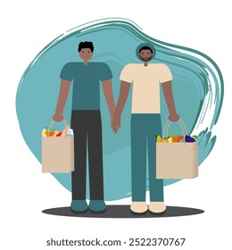 Black gay couple shopping. Vector flat illustration of two African American men holding paper grocery bags. For lgbtq+ themed projects, diversity marketing, retail promotions.