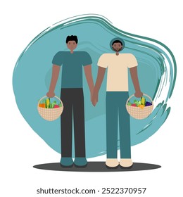 Black gay couple shopping. Vector flat illustration of two African American men holding woven baskets filled with food. For use in lgbtq+ inclusive websites, marketing campaigns and social media posts