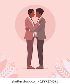 Black Gay Couple. Gay Wedding, LGBT And Pride Concept. Vector Illustration