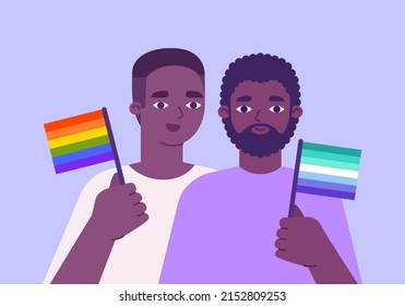 Black Gay Male Couple. Pride Month Celebration. Men Holding LGBTQI+ Flags. Vector Illustration