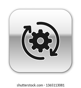 Black Gear and arrows as workflow concept icon isolated on white background. Gear reload sign. Silver square button. Vector Illustration