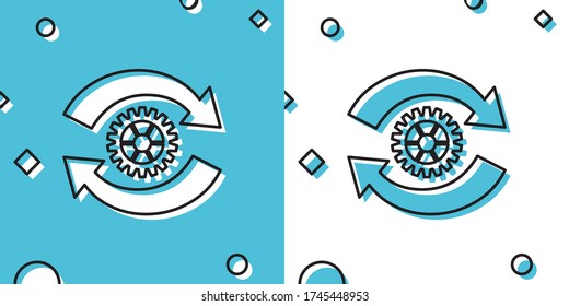 Black Gear and arrows as workflow concept icon isolated on blue and white background. Gear reload sign. Random dynamic shapes. Vector Illustration
