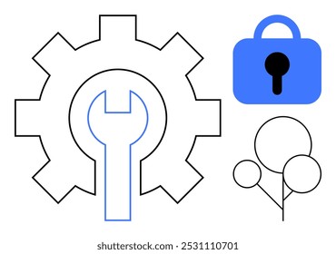 Black gear with blue outlined wrench, a blue lock and abstract balloons on white background. Ideal for technology, security, engineering, creativity and simplicity. Minimalist style