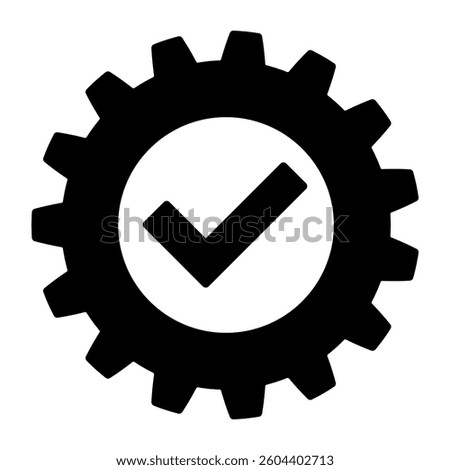 Black gear with check mark icon. Quality control, system optimization, approval, and settings concept. Industrial and technical verification symbol.