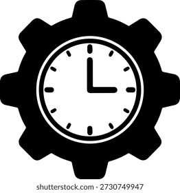 Un reloj de engranaje negro sobre un fondo blanco puro, ilustración estilizada de una cara de reloj integrada en un engranaje, perfecto para conceptos de tiempo y maquinaria.