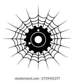 Black gear cog surrounded by spider web on white background
