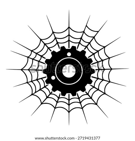 Black gear cog surrounded by spider web on white background