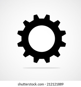 Black gear or cog vector icon with shadow on a white background.